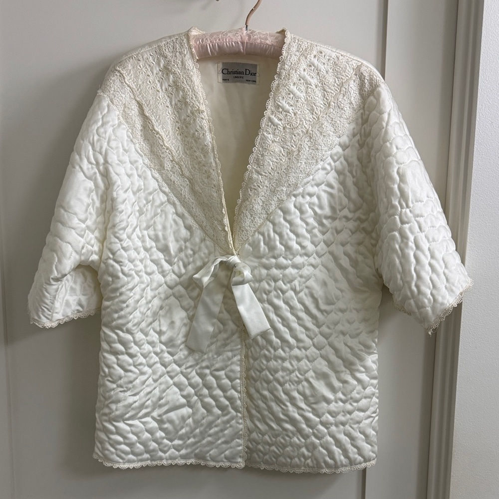 Vintage 1980’s Christian Dior Quilted Bed Jacket Robe with Lace collar and trim